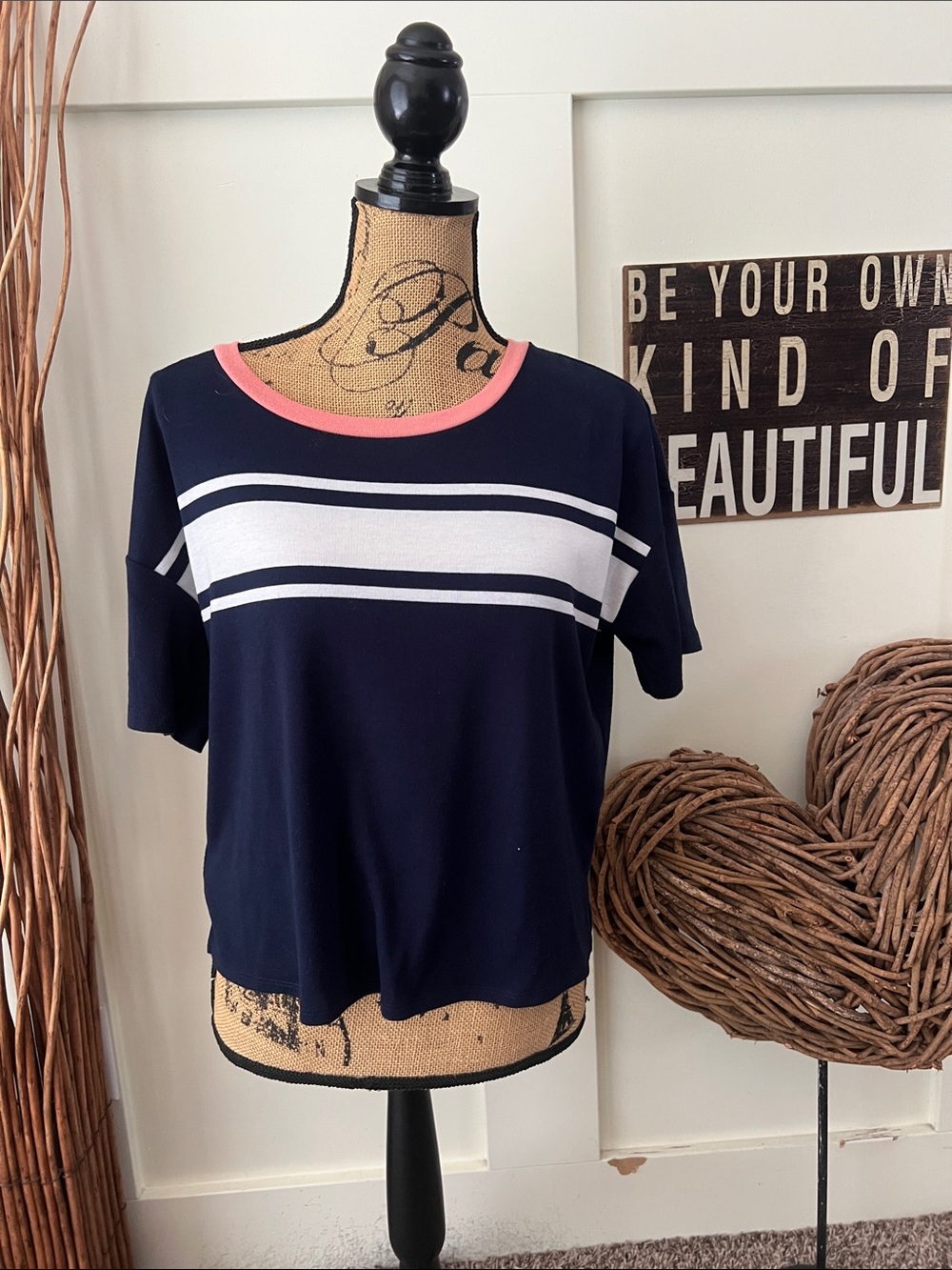 Pink Republic Navy Tee with White Stripes and Pink Neckline